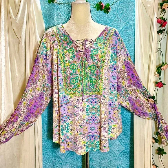 Anthropologie Colorful Floral Embroidered Tunic Boho Top - Picture 7 of 9